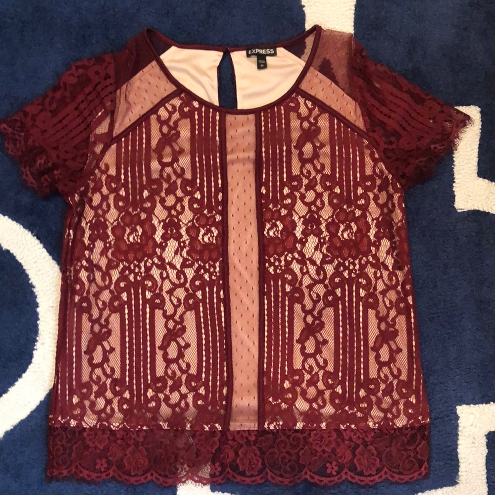 Maroon lace top with sheer accents